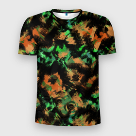 Мужская футболка 3D Slim с принтом Зелено оранжевый осенний абстрактный узор в Курске, 100% полиэстер с улучшенными характеристиками | приталенный силуэт, круглая горловина, широкие плечи, сужается к линии бедра | абстрактный | зеленый | камуфляж | оранжнвый | разноцветный