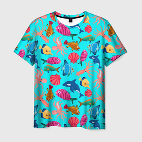 Мужская футболка 3D с принтом THE UNDERWATER WORLD OF THE OCEAN в Екатеринбурге, 100% полиэфир | прямой крой, круглый вырез горловины, длина до линии бедер | вода | дельфин | животные | лето | море | морской | океан | осьминог | под водой | подводный | природа | раковина | рыба | синий | узор