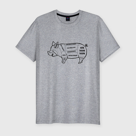 Мужская футболка хлопок Slim с принтом Вкусняшки от свиняшки в Петрозаводске, 92% хлопок, 8% лайкра | приталенный силуэт, круглый вырез ворота, длина до линии бедра, короткий рукав | кабан | мясо | поросенок | разделка | свинья | хрюша