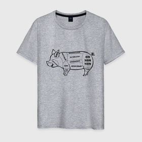 Мужская футболка хлопок с принтом Вкусняшки от свиняшки в Санкт-Петербурге, 100% хлопок | прямой крой, круглый вырез горловины, длина до линии бедер, слегка спущенное плечо. | Тематика изображения на принте: кабан | мясо | поросенок | разделка | свинья | хрюша