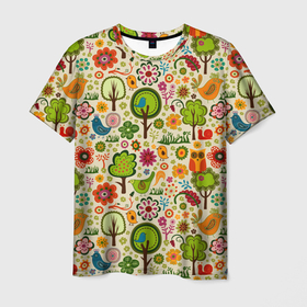 Мужская футболка 3D с принтом COLORED FOREST ANIMALS в Тюмени, 100% полиэфир | прямой крой, круглый вырез горловины, длина до линии бедер | Тематика изображения на принте: животные | зеленый | красный | красочные | лес | природа | причудливые | птица | синий | сова | цветные