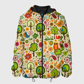 Мужская куртка 3D с принтом COLORED FOREST ANIMALS в Екатеринбурге, ткань верха — 100% полиэстер, подклад — флис | прямой крой, подол и капюшон оформлены резинкой с фиксаторами, два кармана без застежек по бокам, один большой потайной карман на груди. Карман на груди застегивается на липучку | животные | зеленый | красный | красочные | лес | природа | причудливые | птица | синий | сова | цветные