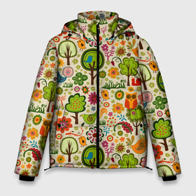 Мужская зимняя куртка 3D с принтом COLORED FOREST ANIMALS в Белгороде, верх — 100% полиэстер; подкладка — 100% полиэстер; утеплитель — 100% полиэстер | длина ниже бедра, свободный силуэт Оверсайз. Есть воротник-стойка, отстегивающийся капюшон и ветрозащитная планка. 

Боковые карманы с листочкой на кнопках и внутренний карман на молнии. | Тематика изображения на принте: животные | зеленый | красный | красочные | лес | природа | причудливые | птица | синий | сова | цветные