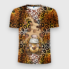 Мужская футболка 3D Slim с принтом Кофейный  гном , 100% полиэстер с улучшенными характеристиками | приталенный силуэт, круглая горловина, широкие плечи, сужается к линии бедра | coffee | гном | гномик | зерна | кофе | кофейный
