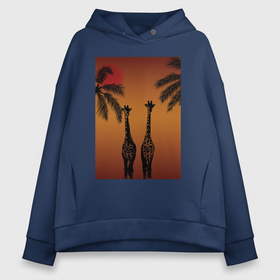 Женское худи Oversize хлопок с принтом Жирафы и пальмы на закате в Белгороде, френч-терри — 70% хлопок, 30% полиэстер. Мягкий теплый начес внутри —100% хлопок | боковые карманы, эластичные манжеты и нижняя кромка, капюшон на магнитной кнопке | africa | animal | giraffes | африка | животные | жирафы | звери