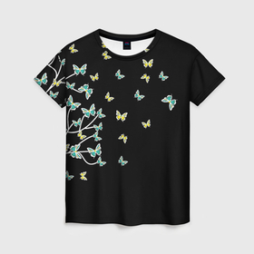 Женская футболка 3D с принтом Дерево с бабочками , 100% полиэфир ( синтетическое хлопкоподобное полотно) | прямой крой, круглый вырез горловины, длина до линии бедер | butterflies | butterfly | tree | бабочки | дерево