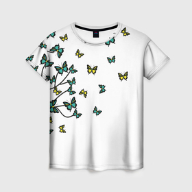 Женская футболка 3D с принтом Дерево с бабочками на светлом фоне , 100% полиэфир ( синтетическое хлопкоподобное полотно) | прямой крой, круглый вырез горловины, длина до линии бедер | butterflies | butterfly | tree | бабочка | бабочки | дерево