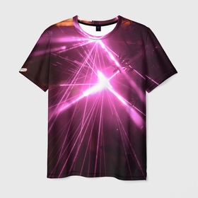 Мужская футболка 3D с принтом Неоновые лазеры во тьме   Розовый в Кировске, 100% полиэфир | прямой крой, круглый вырез горловины, длина до линии бедер | abstraction | art | colorful | colors | neon | surrealism | абстракция | арт | искусство | лазеры | неон | разноцветный | сюрреализм | тьма | цвета