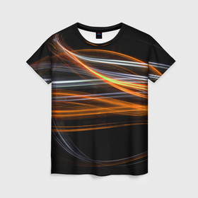 Женская футболка 3D с принтом Волнообразные линии неона   Оранжевый в Екатеринбурге, 100% полиэфир ( синтетическое хлопкоподобное полотно) | прямой крой, круглый вырез горловины, длина до линии бедер | abstraction | art | colorful | colors | neon | surrealism | абстракция | арт | волны | искусство | линии | неон | разноцветный | сюрреализм | цвета