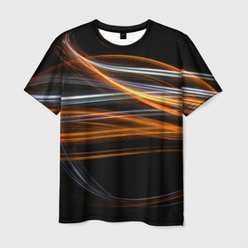 Мужская футболка 3D с принтом Волнообразные линии неона   Оранжевый в Санкт-Петербурге, 100% полиэфир | прямой крой, круглый вырез горловины, длина до линии бедер | Тематика изображения на принте: abstraction | art | colorful | colors | neon | surrealism | абстракция | арт | волны | искусство | линии | неон | разноцветный | сюрреализм | цвета