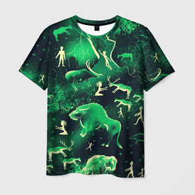 Мужская футболка 3D с принтом Альтернативная Альтамира зеленая в Кировске, 100% полиэфир | прямой крой, круглый вырез горловины, длина до линии бедер | Тематика изображения на принте: альтамира | бизон | доисторический | зеленый | наскальные рисунки | первобытный | пещерная живопись