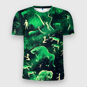 Мужская футболка 3D Slim с принтом Альтернативная Альтамира зеленая в Кировске, 100% полиэстер с улучшенными характеристиками | приталенный силуэт, круглая горловина, широкие плечи, сужается к линии бедра | альтамира | бизон | доисторический | зеленый | наскальные рисунки | первобытный | пещерная живопись