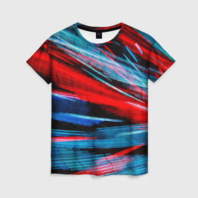 Женская футболка 3D с принтом Неоновые прерывающиеся линии   Красный и голубой , 100% полиэфир ( синтетическое хлопкоподобное полотно) | прямой крой, круглый вырез горловины, длина до линии бедер | abstraction | art | artwork | colorful | colors | neon | surrealism | абстракция | арт | искусство | краски | линии | лучи | неон | разноцветный | сюрреализм | цвета