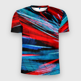 Мужская футболка 3D Slim с принтом Неоновые прерывающиеся линии   Красный и голубой в Санкт-Петербурге, 100% полиэстер с улучшенными характеристиками | приталенный силуэт, круглая горловина, широкие плечи, сужается к линии бедра | abstraction | art | artwork | colorful | colors | neon | surrealism | абстракция | арт | искусство | краски | линии | лучи | неон | разноцветный | сюрреализм | цвета