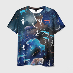 Мужская футболка 3D с принтом Альтернативная Альтамира синяя в Санкт-Петербурге, 100% полиэфир | прямой крой, круглый вырез горловины, длина до линии бедер | альтамира | бизон | доисторический | наскальные рисунки | олень | пещерная живопись | синий | текстура | человечки