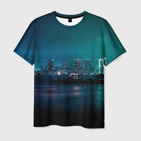 Мужская футболка 3D с принтом Неоновый город с рекой   Светло зелёный в Курске, 100% полиэфир | прямой крой, круглый вырез горловины, длина до линии бедер | abstraction | art | artwork | city | colorful | colors | lights | neon | river | surrealism | абстракция | арт | город | искусство | неон | разноцветный | река | сюрреализм | фонари | цвета