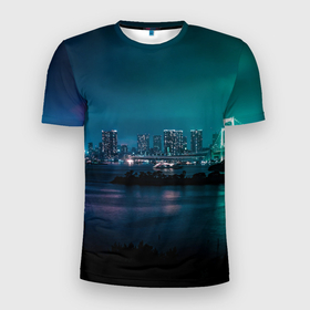 Мужская футболка 3D Slim с принтом Неоновый город с рекой   Светло зелёный , 100% полиэстер с улучшенными характеристиками | приталенный силуэт, круглая горловина, широкие плечи, сужается к линии бедра | abstraction | art | artwork | city | colorful | colors | lights | neon | river | surrealism | абстракция | арт | город | искусство | неон | разноцветный | река | сюрреализм | фонари | цвета