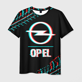 Мужская футболка 3D с принтом Значок Opel в стиле Glitch на темном фоне в Кировске, 100% полиэфир | прямой крой, круглый вырез горловины, длина до линии бедер | auto | brand | glitch | logo | opel | symbol | авто | бренд | глитч | значок | краска | лого | опель | символ
