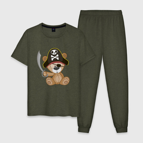Мужская пижама хлопок с принтом Мишка пират в Новосибирске, 100% хлопок | брюки и футболка прямого кроя, без карманов, на брюках мягкая резинка на поясе и по низу штанин
 | Тематика изображения на принте: ведведь | медвежонок | мишка | пират | плюшевый
