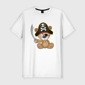 Мужская футболка хлопок Slim с принтом Мишка пират в Новосибирске, 92% хлопок, 8% лайкра | приталенный силуэт, круглый вырез ворота, длина до линии бедра, короткий рукав | Тематика изображения на принте: ведведь | медвежонок | мишка | пират | плюшевый