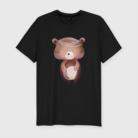 Мужская футболка хлопок Slim с принтом Медведица в бусах в Курске, 92% хлопок, 8% лайкра | приталенный силуэт, круглый вырез ворота, длина до линии бедра, короткий рукав | bear | бусы | медведица | медведь | мишка | плюшевый