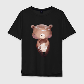 Мужская футболка хлопок Oversize с принтом Медведица в бусах , 100% хлопок | свободный крой, круглый ворот, “спинка” длиннее передней части | bear | бусы | медведица | медведь | мишка | плюшевый