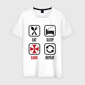 Мужская футболка хлопок с принтом Eat   Sleep   Resident Evil   Repeat в Кировске, 100% хлопок | прямой крой, круглый вырез горловины, длина до линии бедер, слегка спущенное плечо. | eat sleep repeat | evil | logo | resident | resident evil | umbrella | амбрелла | игра | игры | лого | логотип | резидент | символ | эвил