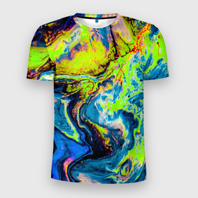 Мужская футболка 3D Slim с принтом The Poisonous Palette в Петрозаводске, 100% полиэстер с улучшенными характеристиками | приталенный силуэт, круглая горловина, широкие плечи, сужается к линии бедра | абстракция | волны | жидкость | кислота | кислотная | краска | красочная | линии | разноцветная | смешение цветов | яркая
