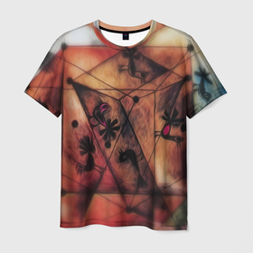 Мужская футболка 3D с принтом Птицы в клетке , 100% полиэфир | прямой крой, круглый вырез горловины, длина до линии бедер | Тематика изображения на принте: краски | кристаллы | кубики | линии | точки | углы