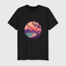 Мужская футболка хлопок Slim с принтом оранжевое небо в Тюмени, 92% хлопок, 8% лайкра | приталенный силуэт, круглый вырез ворота, длина до линии бедра, короткий рукав | landscape | деревья | закат | ландшафт | феолетовый