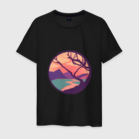 Мужская футболка хлопок с принтом оранжевое небо в Курске, 100% хлопок | прямой крой, круглый вырез горловины, длина до линии бедер, слегка спущенное плечо. | landscape | деревья | закат | ландшафт | феолетовый
