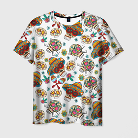 Мужская футболка 3D с принтом Мексиканские черепки в Екатеринбурге, 100% полиэфир | прямой крой, круглый вырез горловины, длина до линии бедер | голова | головной убор | инструмент | мексика | цветок | череп | черепок