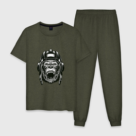 Мужская пижама хлопок с принтом MONKEY IN A TANK HELMET в Екатеринбурге, 100% хлопок | брюки и футболка прямого кроя, без карманов, на брюках мягкая резинка на поясе и по низу штанин
 | Тематика изображения на принте: горилла | дикий | животное | примат | шимпандзе
