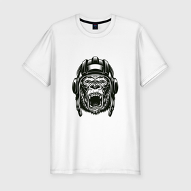 Мужская футболка хлопок Slim с принтом MONKEY IN A TANK HELMET в Екатеринбурге, 92% хлопок, 8% лайкра | приталенный силуэт, круглый вырез ворота, длина до линии бедра, короткий рукав | Тематика изображения на принте: горилла | дикий | животное | примат | шимпандзе