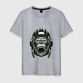 Мужская футболка хлопок с принтом MONKEY IN A TANK HELMET в Санкт-Петербурге, 100% хлопок | прямой крой, круглый вырез горловины, длина до линии бедер, слегка спущенное плечо. | горилла | дикий | животное | примат | шимпандзе