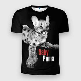 Мужская футболка 3D Slim с принтом Baby puma   пятнистый котенок пумы в Новосибирске, 100% полиэстер с улучшенными характеристиками | приталенный силуэт, круглая горловина, широкие плечи, сужается к линии бедра | baby cougar | cat | gaze | look | predator | puma | spotted kitten | wild | взгляд | дикая | кошка | малышка пума | пятнистый котенок | пятнистый котенок пумы | хищник