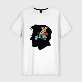 Мужская футболка хлопок Slim с принтом MAN WITH A GIRL ON A SCOOTER в Екатеринбурге, 92% хлопок, 8% лайкра | приталенный силуэт, круглый вырез ворота, длина до линии бедра, короткий рукав | голова | девушка | езда | мотороллер | мужчина | скутер