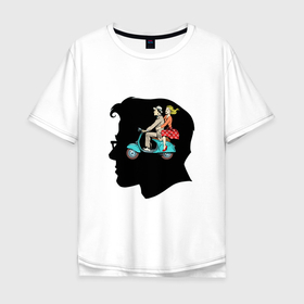 Мужская футболка хлопок Oversize с принтом MAN WITH A GIRL ON A SCOOTER в Курске, 100% хлопок | свободный крой, круглый ворот, “спинка” длиннее передней части | голова | девушка | езда | мотороллер | мужчина | скутер
