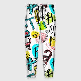 Мужские брюки 3D с принтом COLOR ENGLISH ALPHABET в Новосибирске, 100% полиэстер | манжеты по низу, эластичный пояс регулируется шнурком, по бокам два кармана без застежек, внутренняя часть кармана из мелкой сетки | алфавит | английский | буквы | цвета | язык