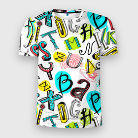 Мужская футболка 3D Slim с принтом COLOR ENGLISH ALPHABET в Курске, 100% полиэстер с улучшенными характеристиками | приталенный силуэт, круглая горловина, широкие плечи, сужается к линии бедра | алфавит | английский | буквы | цвета | язык
