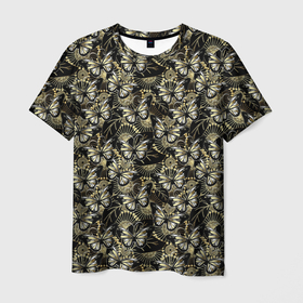 Мужская футболка 3D с принтом Бабочки black  gold в Санкт-Петербурге, 100% полиэфир | прямой крой, круглый вырез горловины, длина до линии бедер | бутоны | линии | паттерн | т | узор | узоры | цветы