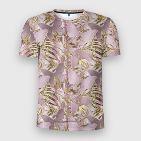 Мужская футболка 3D Slim с принтом Золотистые  бабочки в Новосибирске, 100% полиэстер с улучшенными характеристиками | приталенный силуэт, круглая горловина, широкие плечи, сужается к линии бедра | бутоны | линии | паттерн | т | узор | узоры | цветы