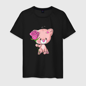 Мужская футболка хлопок с принтом котенок с розой в Курске, 100% хлопок | прямой крой, круглый вырез горловины, длина до линии бедер, слегка спущенное плечо. | кот | котенок | кошечка | кошка | подарок | роза