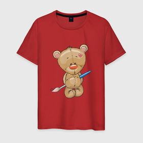 Мужская футболка хлопок с принтом Мишка с кисточкой в Белгороде, 100% хлопок | прямой крой, круглый вырез горловины, длина до линии бедер, слегка спущенное плечо. | кисточка | медведь | медвежонок | мишка | художник