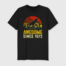 Мужская футболка хлопок Slim с принтом Потрясающий динозавр 1973 года в Петрозаводске, 92% хлопок, 8% лайкра | приталенный силуэт, круглый вырез ворота, длина до линии бедра, короткий рукав | Тематика изображения на принте: 1973 | 73 | dino | dinosaur | tyrannosaurus | tyrex | архозавр | год | год рождения | день рождения | дино | динозавр | динозавры | ко дню рождения | на день рождения | прямиком из | родился в | сделан в | тираннозавр