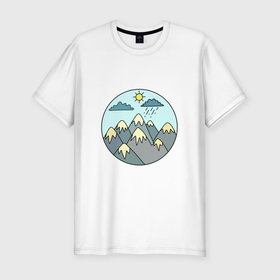 Мужская футболка хлопок Slim с принтом Горы небо природа в Екатеринбурге, 92% хлопок, 8% лайкра | приталенный силуэт, круглый вырез ворота, длина до линии бедра, короткий рукав | горы | дождь | небо | природа | солнце