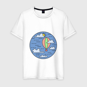 Мужская футболка хлопок с принтом Воздушный шар в небе с тучами в Белгороде, 100% хлопок | прямой крой, круглый вырез горловины, длина до линии бедер, слегка спущенное плечо. | Тематика изображения на принте: воздушный шар | небо | облака | природа | солнце