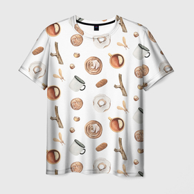 Мужская футболка 3D с принтом Узор Кружка, Печенье, Пончик в Кировске, 100% полиэфир | прямой крой, круглый вырез горловины, длина до линии бедер | summer | ветки | кружка | лето | печенье | пончик | узор