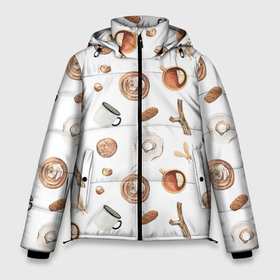 Мужская зимняя куртка 3D с принтом Узор Кружка, Печенье, Пончик в Новосибирске, верх — 100% полиэстер; подкладка — 100% полиэстер; утеплитель — 100% полиэстер | длина ниже бедра, свободный силуэт Оверсайз. Есть воротник-стойка, отстегивающийся капюшон и ветрозащитная планка. 

Боковые карманы с листочкой на кнопках и внутренний карман на молнии. | Тематика изображения на принте: summer | ветки | кружка | лето | печенье | пончик | узор