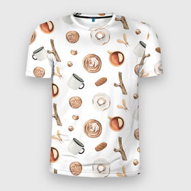Мужская футболка 3D Slim с принтом Узор Кружка, Печенье, Пончик в Новосибирске, 100% полиэстер с улучшенными характеристиками | приталенный силуэт, круглая горловина, широкие плечи, сужается к линии бедра | summer | ветки | кружка | лето | печенье | пончик | узор